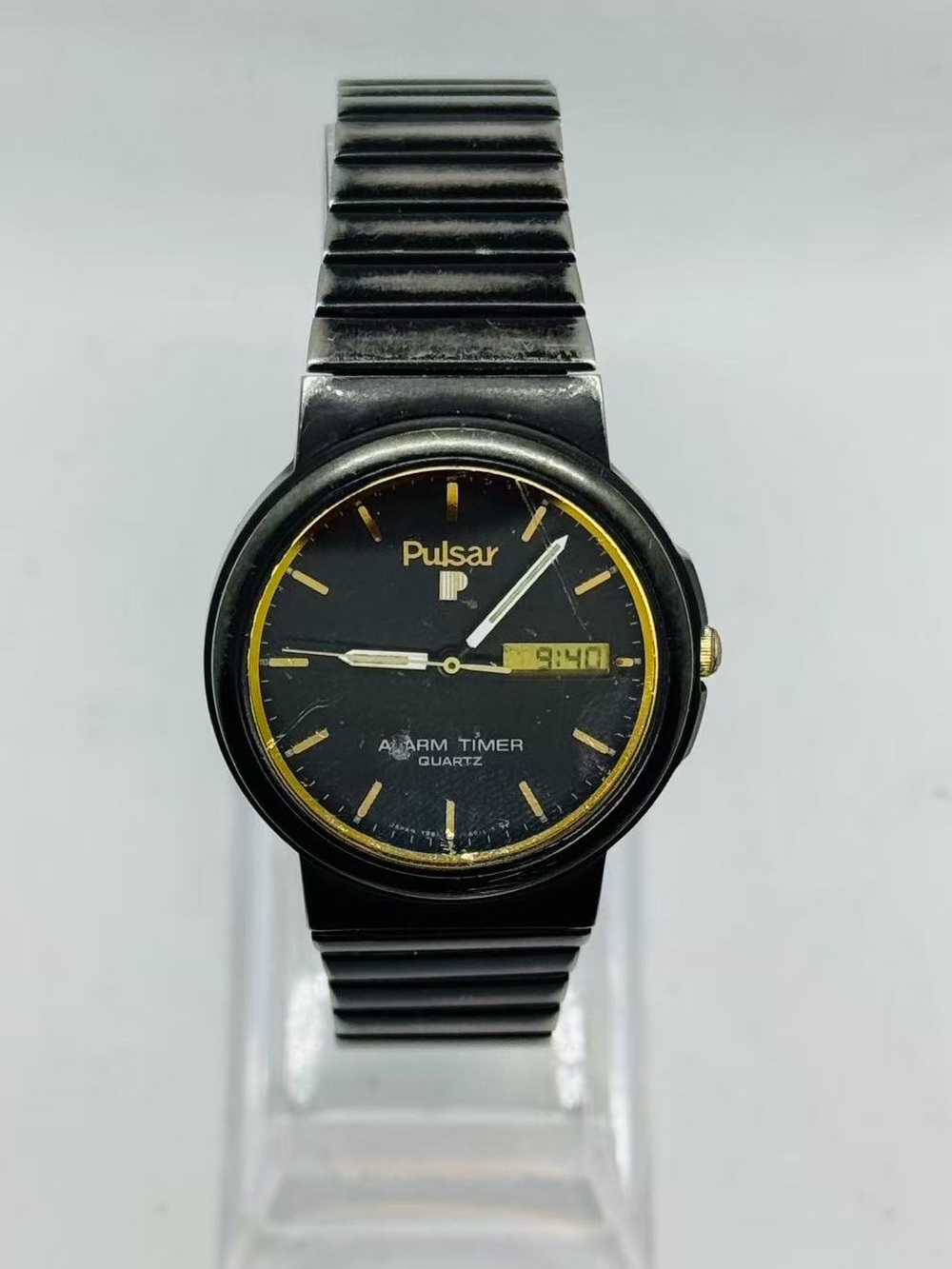 Vintage Pulsar Men’s Quartz Alarm Timer Watch Black Tone 32mm New Battery Runs
